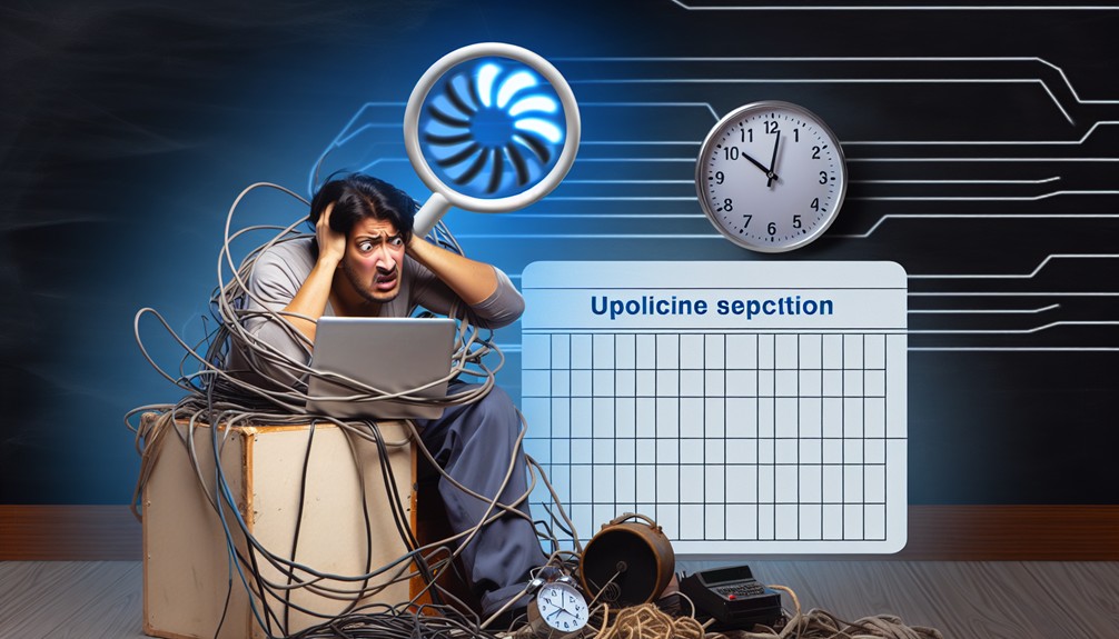 Frustrated user surrounded by tangled cables and outdated devices, staring at a laptop with a spinning loading icon, next to a calendar showing maintenance dates and a clock displaying late-night hours.
