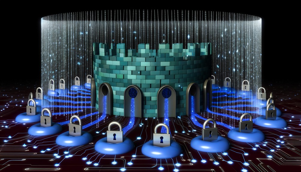 Digital fortress with cascading binary code and interconnected keyholes representing Smart DNS security.