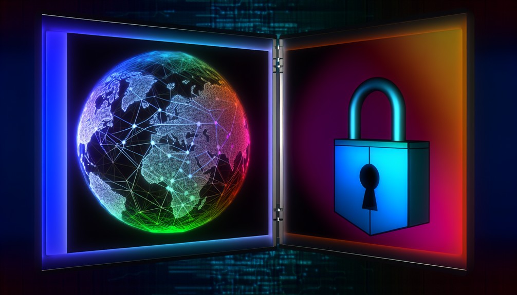 Glowing DNS nodes with security threats and a magnifying glass inspecting vulnerabilities.