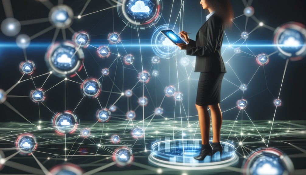 Futuristic digital network with glowing nodes and interconnected pathways, featuring a business professional using a sleek tablet surrounded by dynamic virtual interfaces and secure data streams.