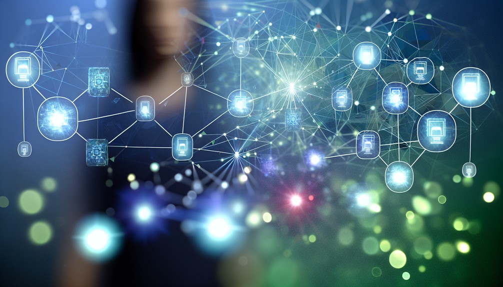 Futuristic digital network with glowing nodes and interconnected pathways, smooth flowing abstract data streams in cool blue and green tones.