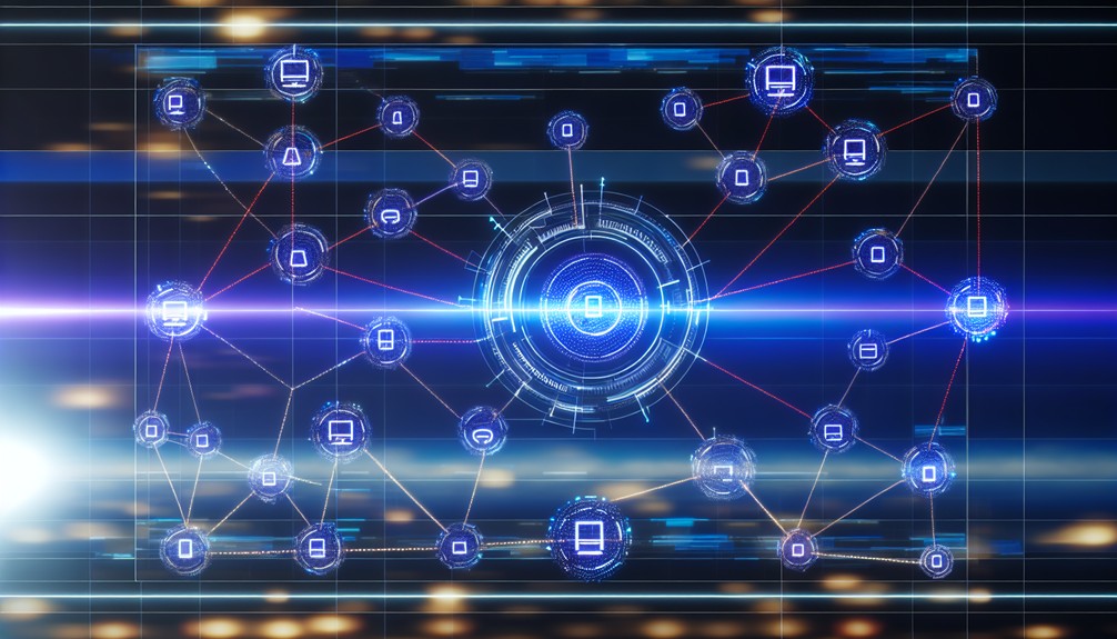 Network of interconnected digital nodes with glowing lines representing data flow, linking remote offices and devices with futuristic elements.