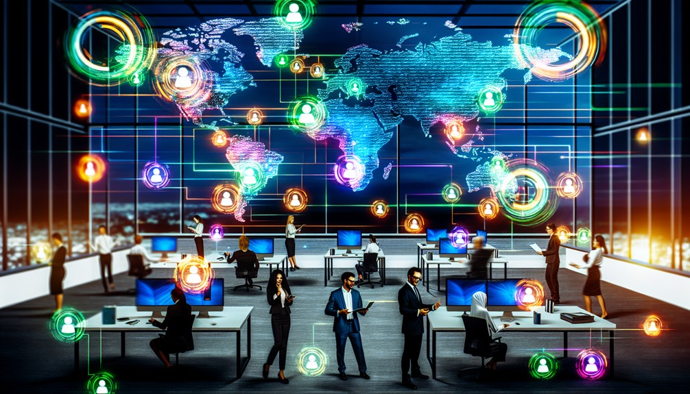 Futuristic office with glowing digital networks connecting globally, employees using sleek devices, and vibrant icons symbolizing speed and connectivity against a world map background.