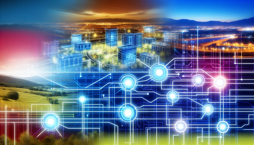Sleek digital network with glowing nodes and pathways, connecting modern office buildings and remote landscapes, in vibrant colors symbolizing efficiency and technology.