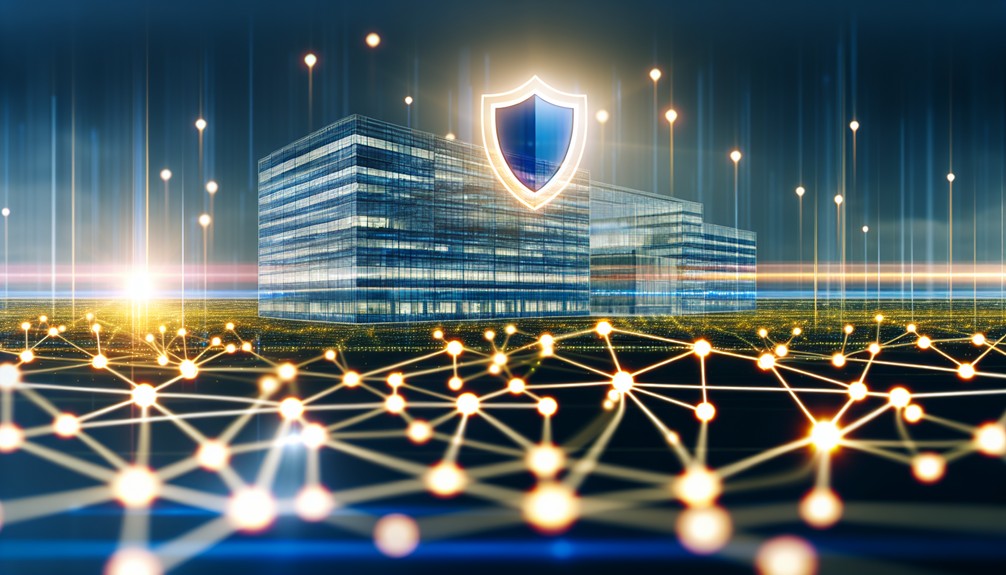 Futuristic digital network with glowing interconnected nodes, a security shield icon, and data streams flowing toward a sleek corporate building.