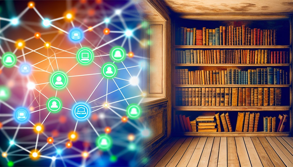 Futuristic office with glowing digital connections representing Smart DNS, contrasted with a classic library of dusty books symbolizing traditional DNS, in bright vs. muted tones.