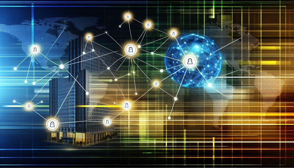 Sleek digital network with interconnected nodes and glowing data lines, a corporate office in the background, and a globe symbolizing global connectivity in vibrant, high-tech colors.
