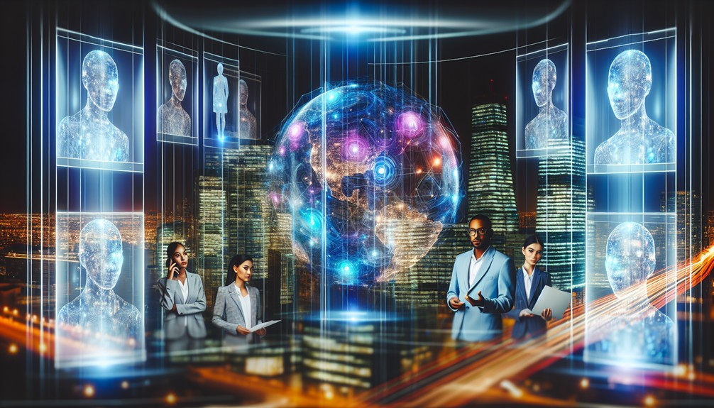 Futuristic cityscape with glowing digital networks, an interconnected globe, data streams, sleek office buildings, holographic interfaces, and diverse professionals in a high-tech environment.