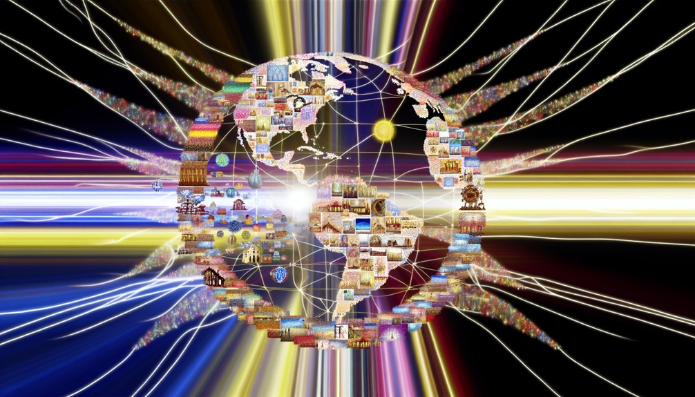 A glowing digital globe with interconnected lines and colorful streaming portals displaying international cultural content.