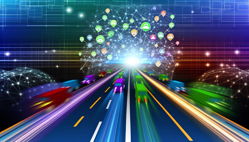 A futuristic digital highway with fast-moving streaming icons and glowing network nodes, representing high-speed, seamless Smart DNS connectivity.