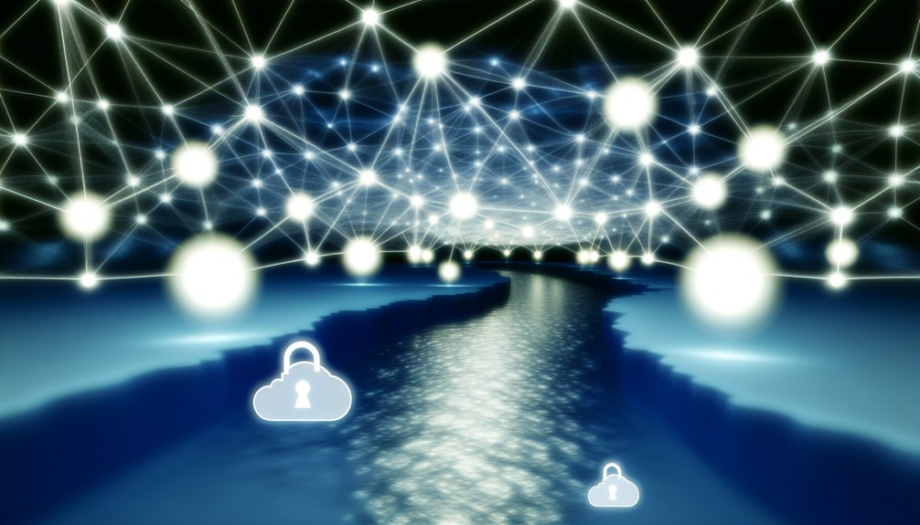A serene digital river flowing through glowing web-like networks with luminous orbs symbolizing secure, anonymous data protected by Smart DNS.