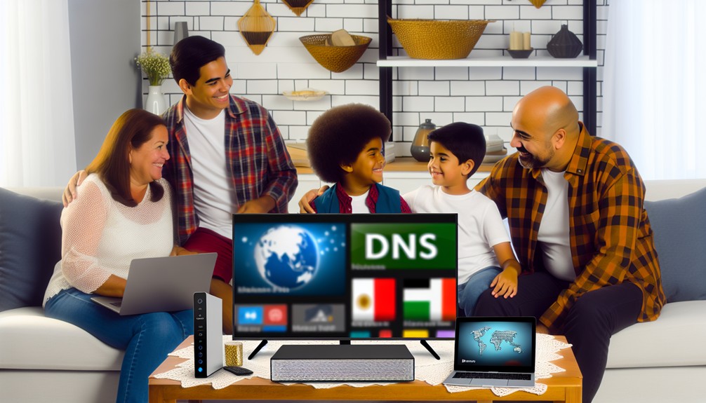 A cozy living room where a family gathers around a large TV streaming international content, with laptops and tablets also connected, illustrating the seamless use of Smart DNS.