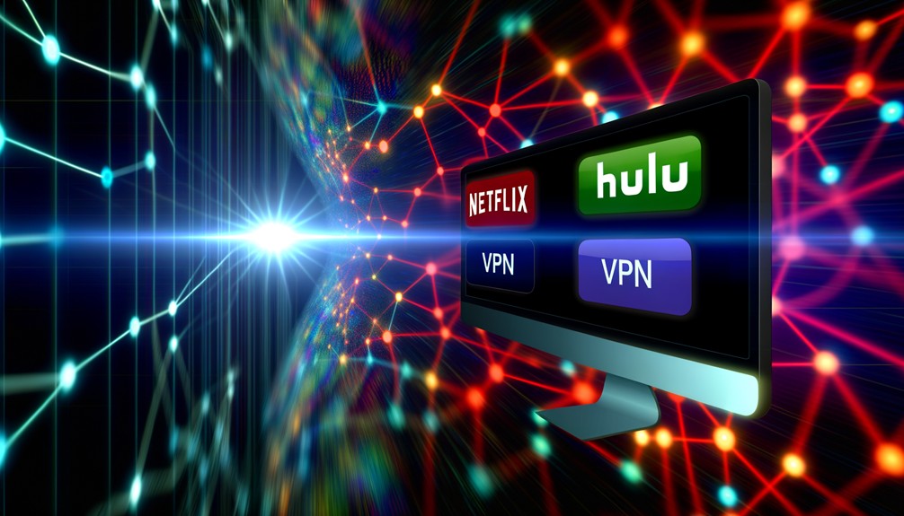 A glowing computer screen displays Netflix and Hulu logos, surrounded by a digital network of streaming pathways representing optimized VPN connections.