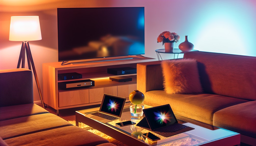 A cozy living room with a smart TV, tablet, laptop, and smartphone streaming different content, illustrating a modern, connected digital ecosystem.