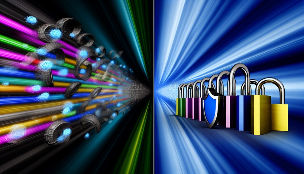 A split digital landscape showing high-speed streaming symbols on one side and security icons like padlocks and shields on the other, representing the balance between streaming speed and VPN security.