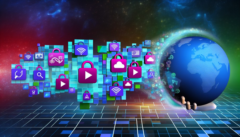 A digital globe surrounded by streaming service logos, some blocked by digital barriers, with a clear path leading to a smartphone showing Getflix and Smart DNS Proxy icons.