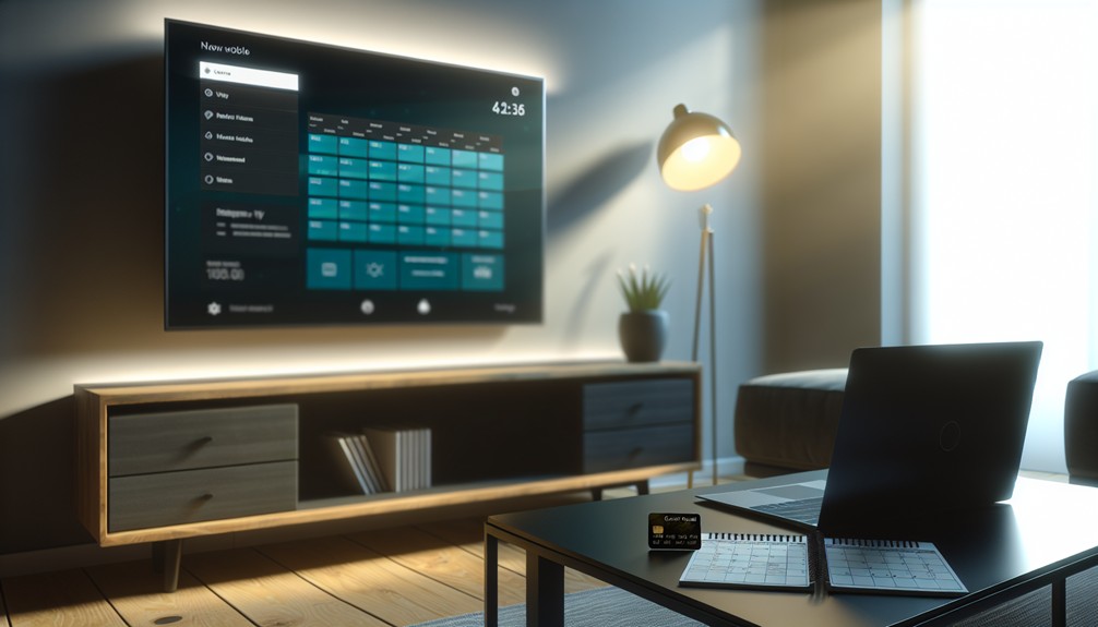A calm living room with a smart TV streaming content, a laptop displaying VPN settings, a credit card on the table, and a calendar showing marked trial dates.