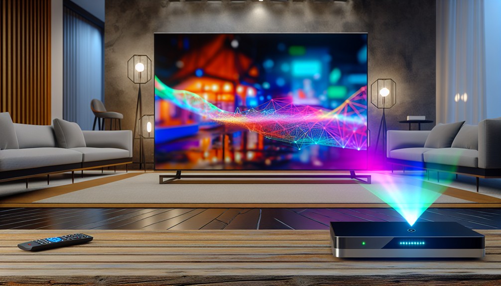 Close-up of a sleek 4K TV in a modern living room, displaying vibrant high-definition content, with a nearby digital streaming device and glowing network indicators, showcasing the clarity and performance of streaming technology.