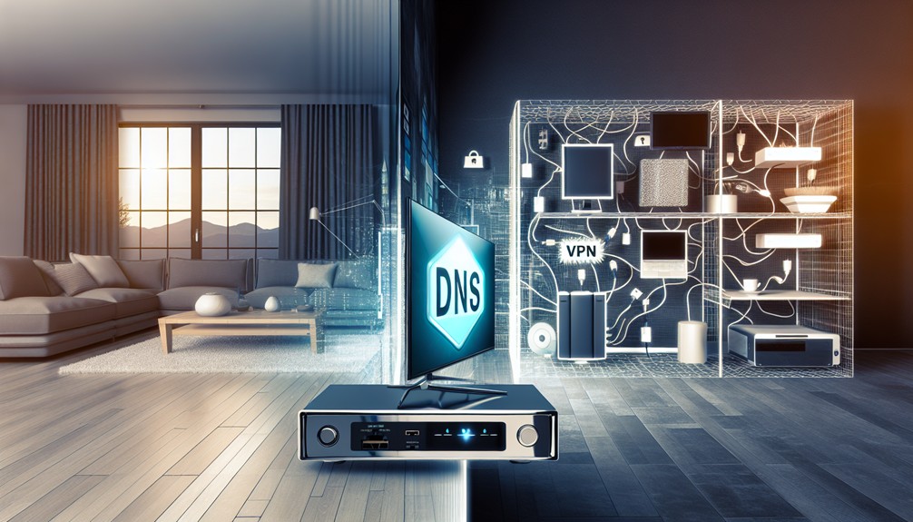 Split-screen image of a high-tech living room; the left side features a Smart DNS interface on a sleek television, while the right side shows a VPN setup with tangled cables and a laptop, highlighting the contrast between streamlined and complex streaming solutions.
