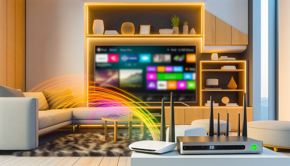 Modern living room with a 4K TV displaying vivid streaming content, surrounded by a cozy sofa, sleek router, and smart devices running Smart DNS services, all bathed in warm ambient lighting for an inviting entertainment experience.