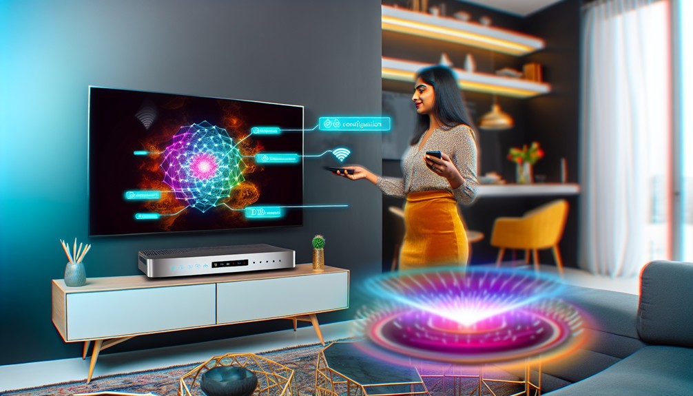 Modern 4K TV streaming high-resolution content in a stylish living room; a user adjusts Smart DNS settings on a nearby smart device, with a glowing router symbolizing smooth, buffer-free connectivity.

