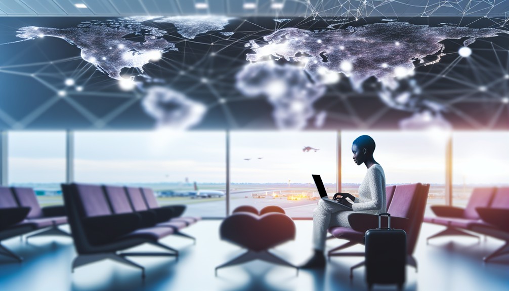 A traveler using a laptop in an airport lounge with a digital world map displaying interconnected nodes and pathways, representing seamless global internet connectivity.