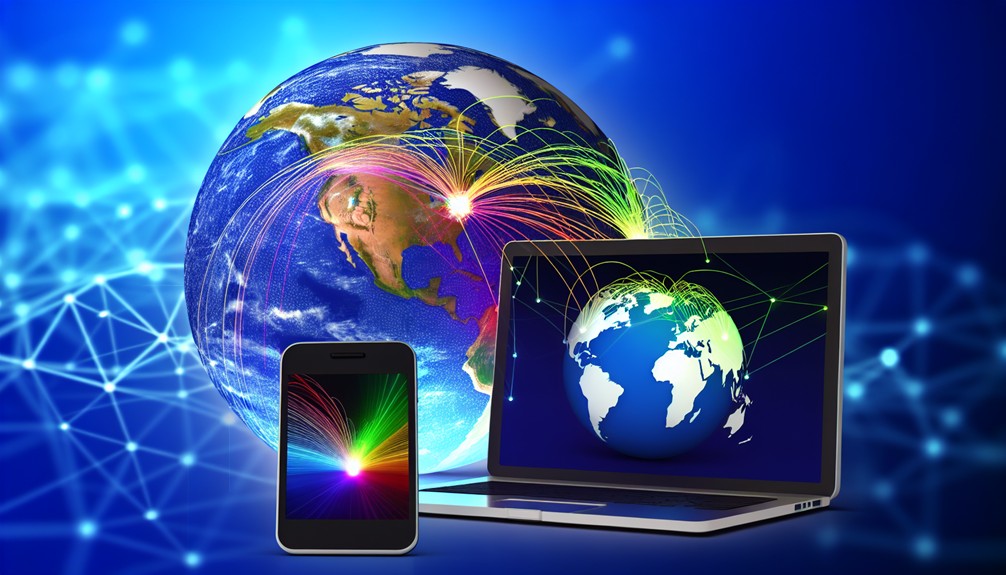 A globe with interconnected digital nodes and vibrant data streams flowing across continents, alongside a laptop and smartphone displaying a world map, symbolizing Smart DNS-powered global connectivity.
