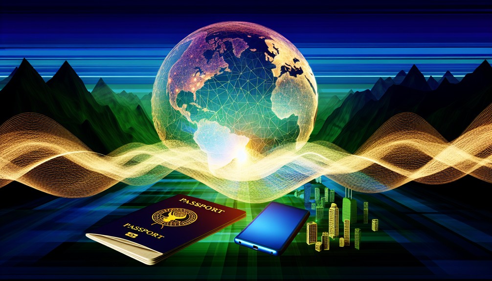 A glowing globe encircled by digital lines symbolizing connectivity, featuring a traveler's passport and smartphone connected by digital waves, with subtle international landmarks in the background representing seamless internet access abroad.
