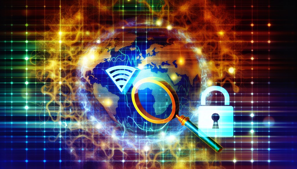 A digital world map with bright lines connecting continents, featuring a magnifying glass over a Smart DNS icon contrasted with a lock symbol representing a VPN, set against vibrant swirling data streams.