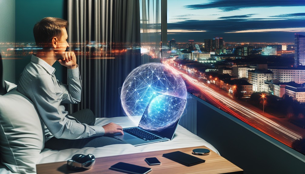 A modern traveler in a cozy hotel room using a laptop displaying a globe with network lines, surrounded by gadgets, with a vibrant foreign cityscape visible through the window.