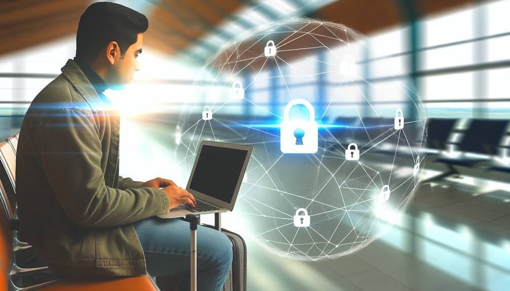 A serene airport setting with a traveler using a laptop connected to Smart DNS, surrounded by floating digital padlocks symbolizing security, with a soft globe overlay and connecting lines representing global secure connectivity.