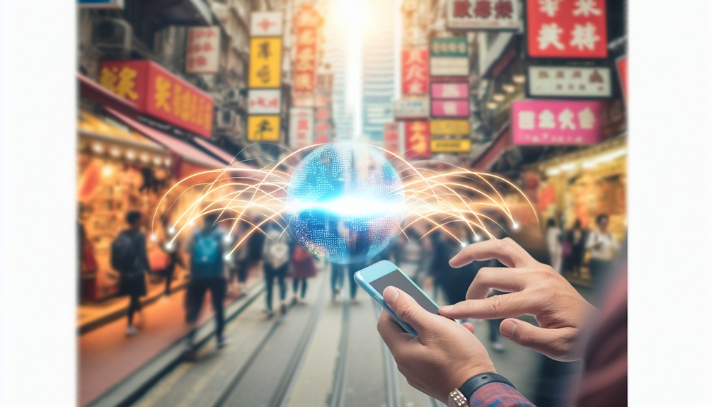 A traveler holding a smartphone in a bustling foreign city surrounded by colorful street signs in various languages, with digital lines emanating from the device symbolizing seamless global streaming connectivity.