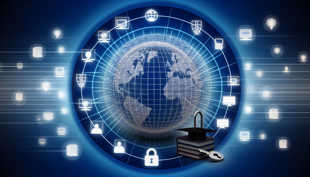 A glowing digital globe with interconnected lines, surrounded by icons like books, graduation caps, and screens, with a key unlocking a padlock to symbolize Smart DNS access to global education.