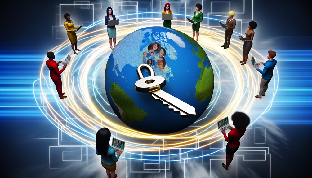 A digital key unlocking a globe, with interconnected pathways and diverse students accessing online learning, symbolizing global education without borders.