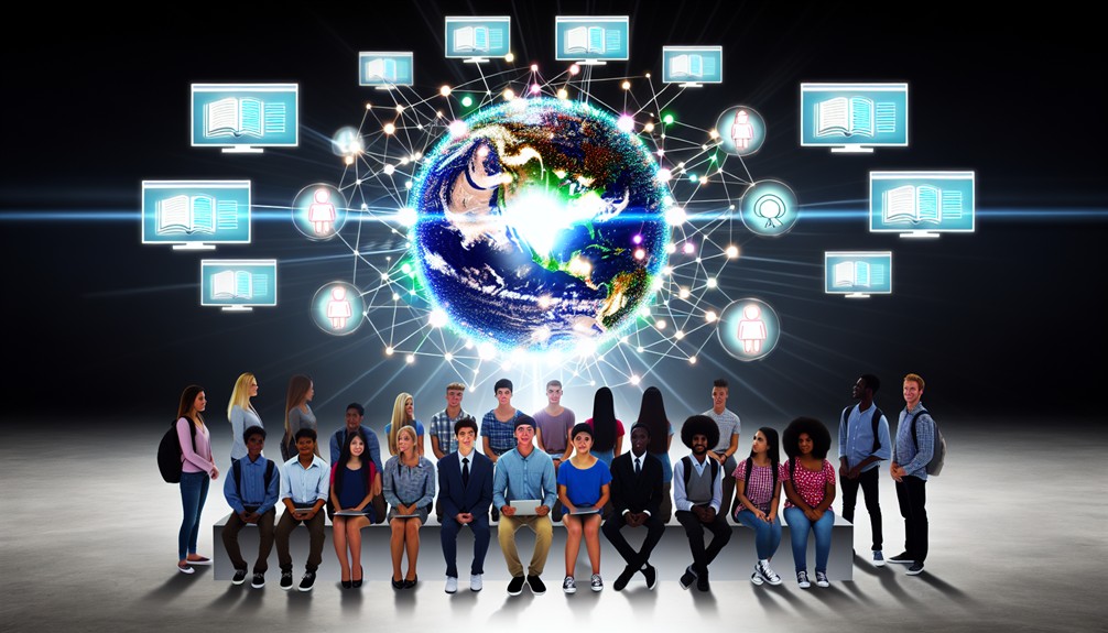 A diverse group of students from different cultures around a glowing digital globe, with portals showing educational content, highlighting global learning via Smart DNS technology.