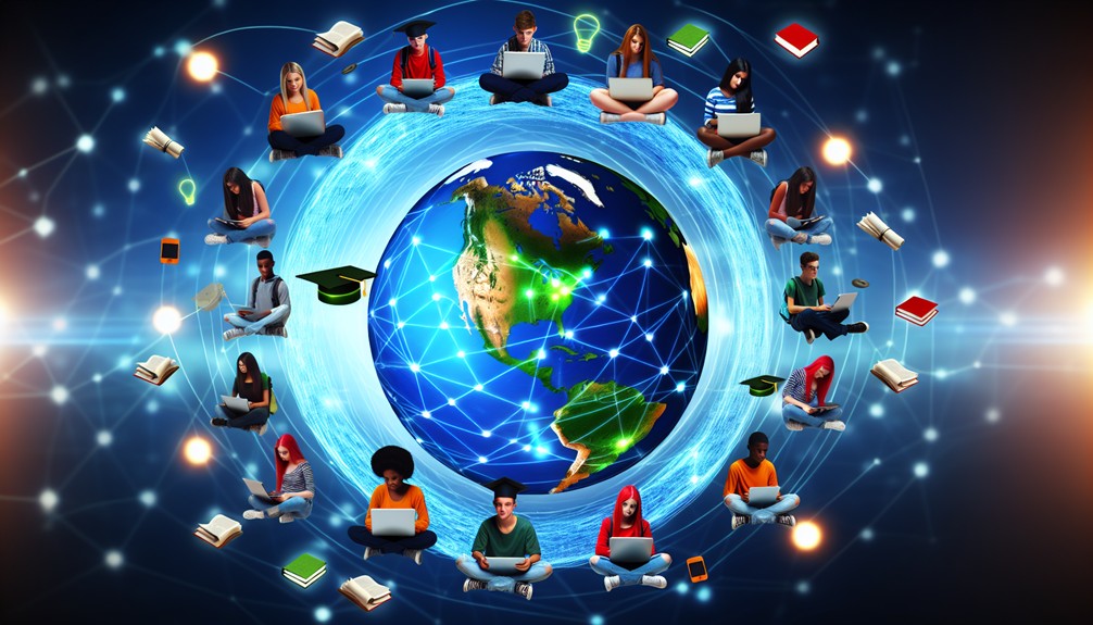 A vibrant digital globe surrounded by diverse students using devices, connected by glowing lines with educational icons like books and graduation caps orbiting in a futuristic setting.