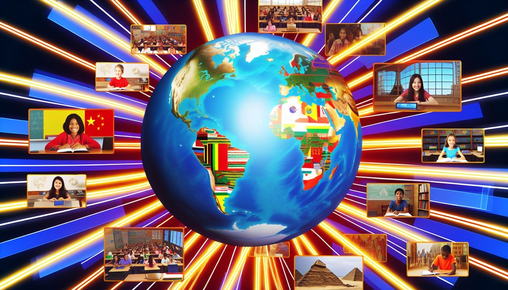 A vibrant globe with digital pathways linking global classrooms, where students engage in virtual lessons alongside cultural symbols and world landmarks, representing access to international courses.