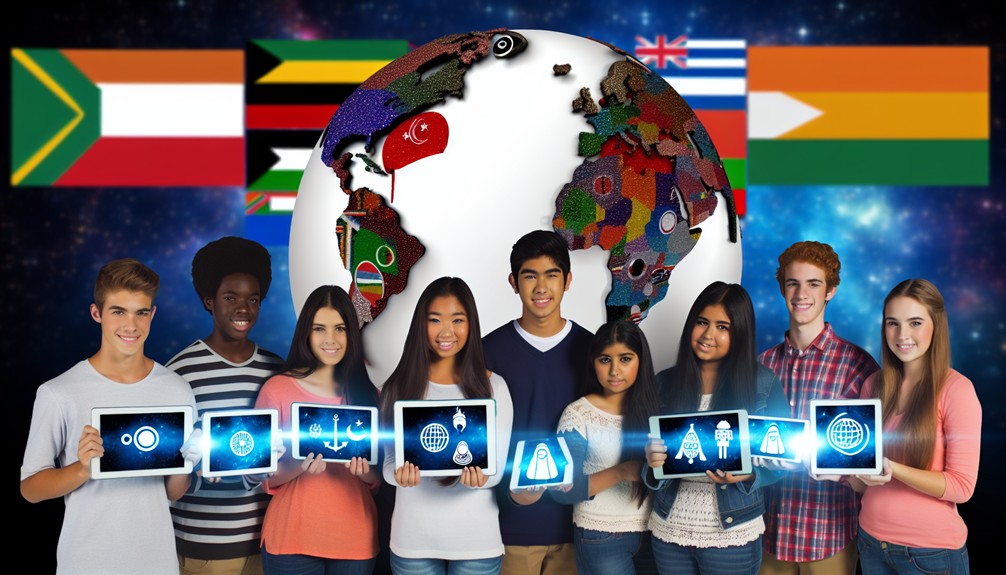 A diverse group of students from different ethnic backgrounds holding connected tablets showing cultural icons and landmarks, gathered around a glowing globe with international flags and maps in the background.