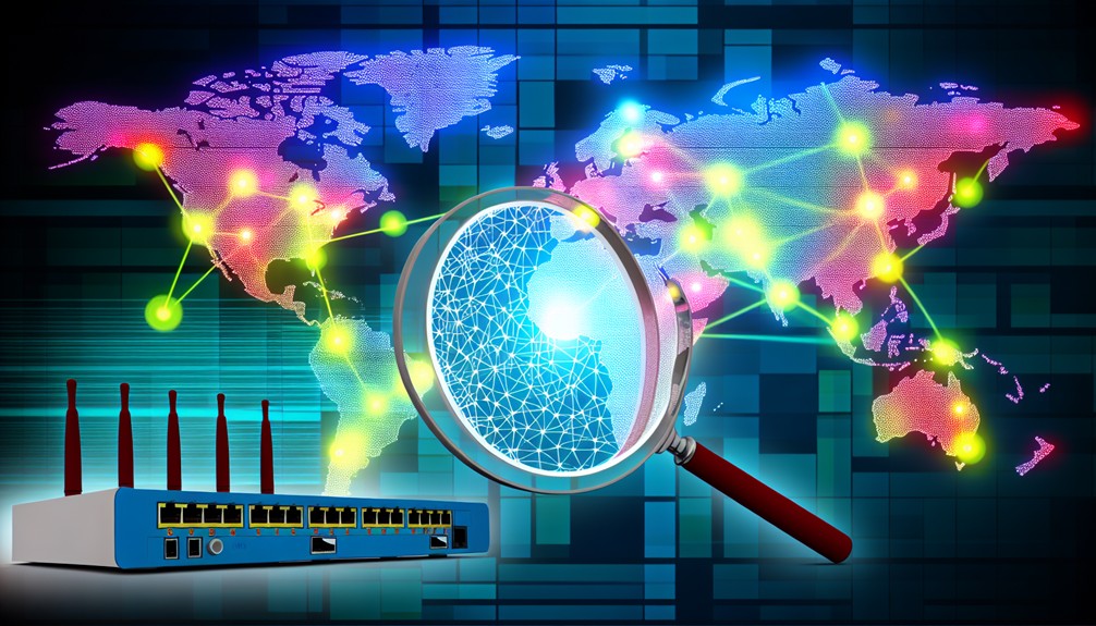 A digital world map with glowing nodes and vibrant connection lines, featuring a magnifying glass highlighting a router linked to multiple devices, symbolizing Smart DNS setup for global education access.