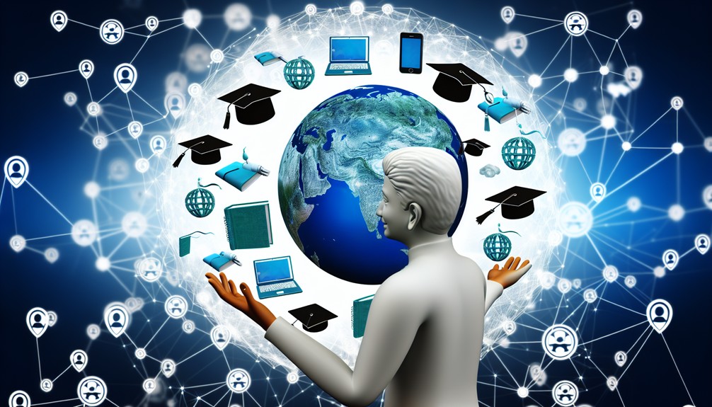 A globe with digital networks connecting educational icons like books, laptops, and graduation caps, with a person exploring these symbols, representing global learning opportunities.